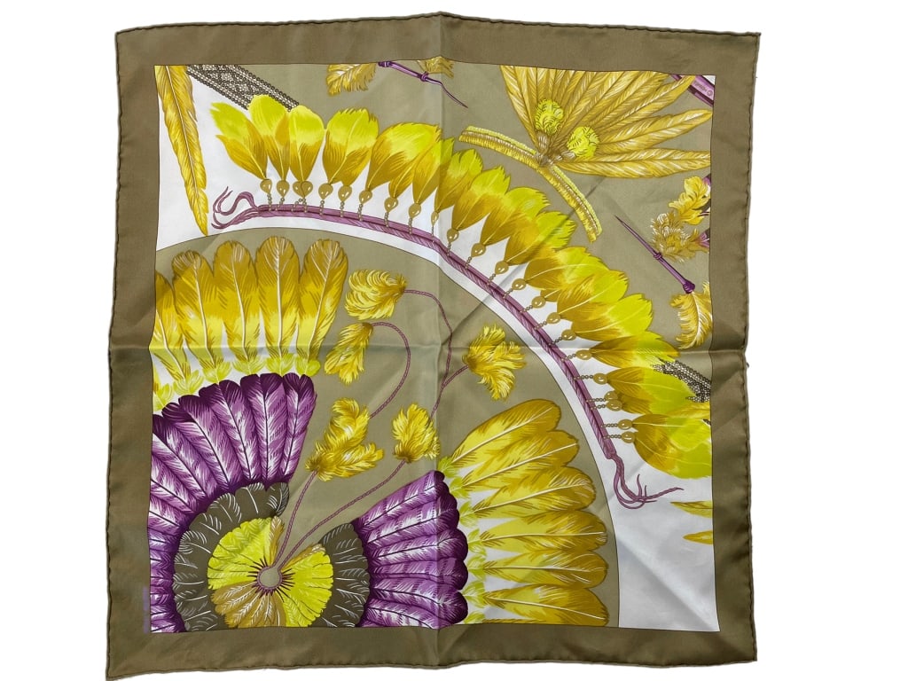 HERMES YELLOW AND PURPLE SILK FEATHERS SCARF (1 of 2)