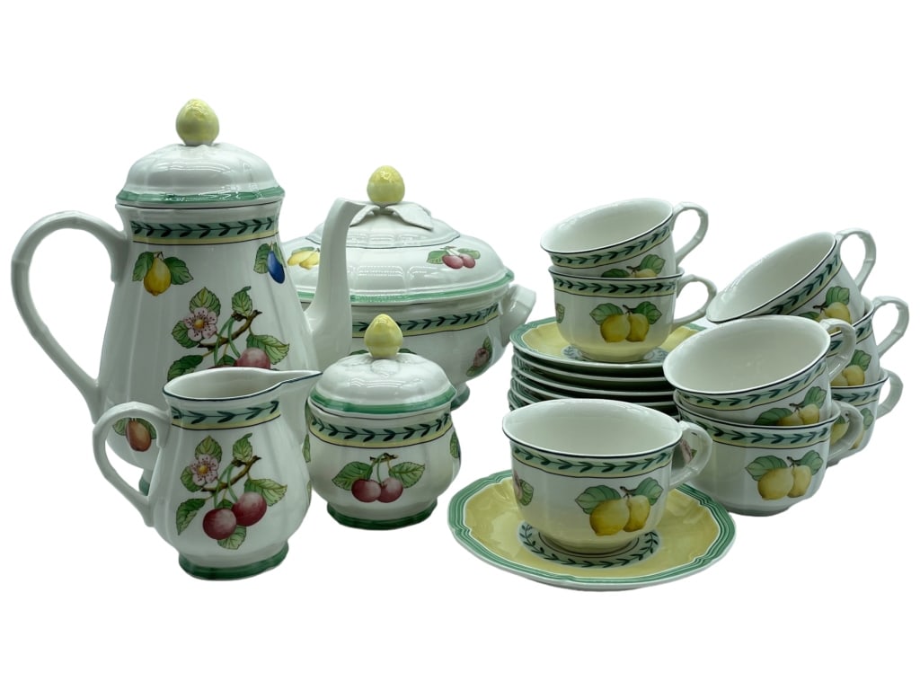 VILLEROY & BOCH FRENCH GARDEN SERVING PIECES (11): -VILLEROY & BOCH FRENCH GARDEN SERVING PIECES -SET INCLUDES: -1 COFFEE PITCHER -8 TEA CUPS -8 SAUCERS -1 CREAMER JUG -1 LIDDED SUGAR POT -1 LIDDED VEGIE BOWL / TUREEN -VERY GOOD CONDITION -JR SR BAC C