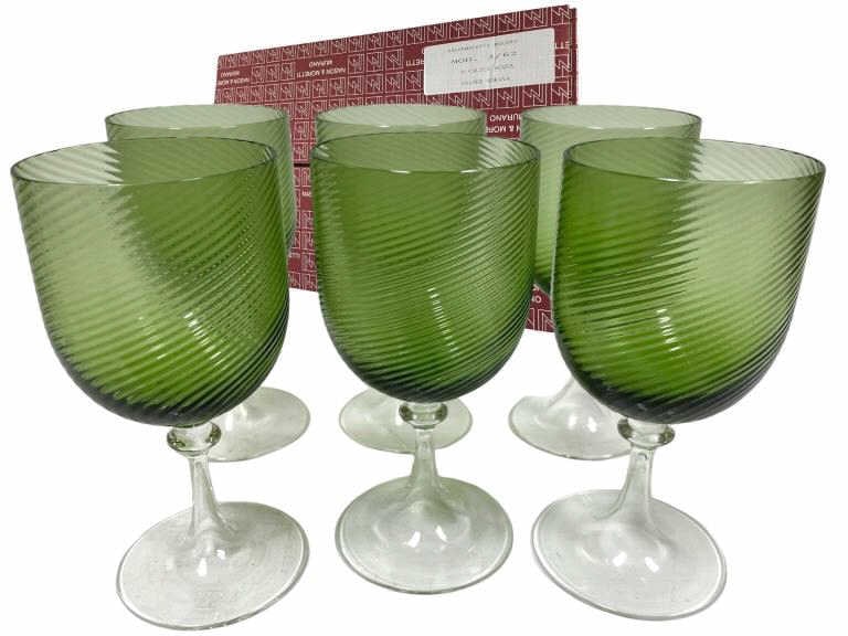 6 NASON & MORETTI MURANO ITALY WINE GLASSES W BOX: SET OF 6 NASON & MORETTI MURANO ITALY TWISTED SORAYA GREEN WINE GLASSES IN BOX!-6" X 3" DIAMETER APPROX EACH-NEW UNUSED CONDITION, WITH BOX-DP101023STOREBAKCAB Bidders may pick up their items from the