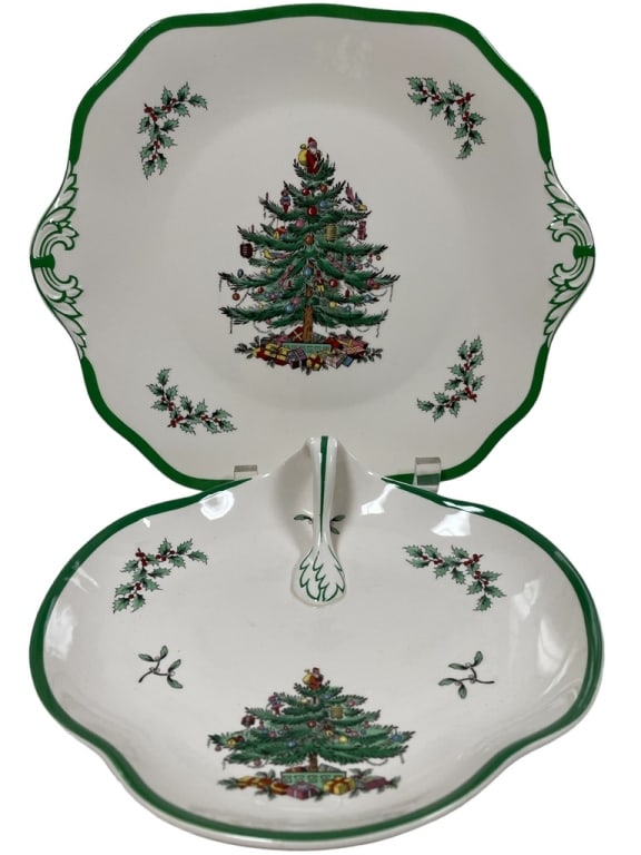 2 PC SPODE CHRISTMAS TREE SERVING PLATTER DISH SET (1 of 8)
