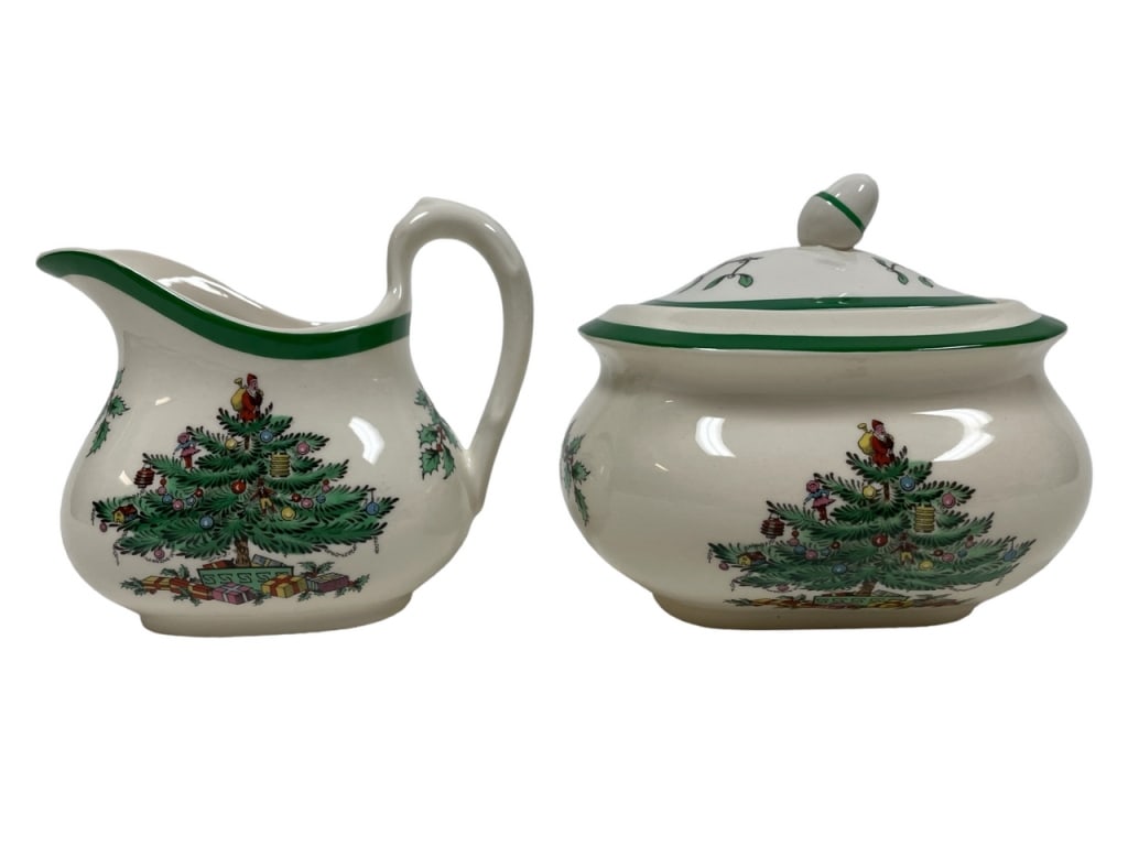 SPODE CHRISTMAS TREE CREAMER AND SUGAR CADDY SET: VINTAGE SPODE CHRISTMAS TREE CREAMER AND SUGAR CADDY SET-VERY GOOD PRE OWNED CONDITION-DP101023STORE Bidders may pick up their items from the auction-house or have their items shipped. Appointments ar