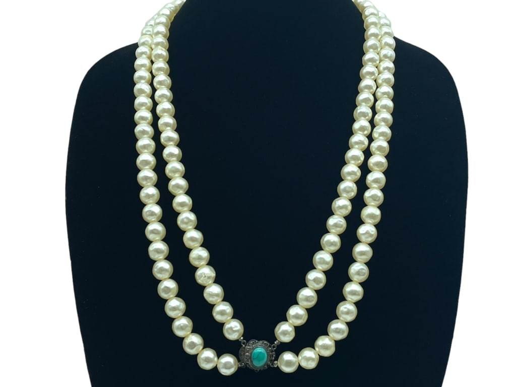 2 STRAND PEARL AND TURQUOISE STYLE NECKLACE 15" (1 of 4)