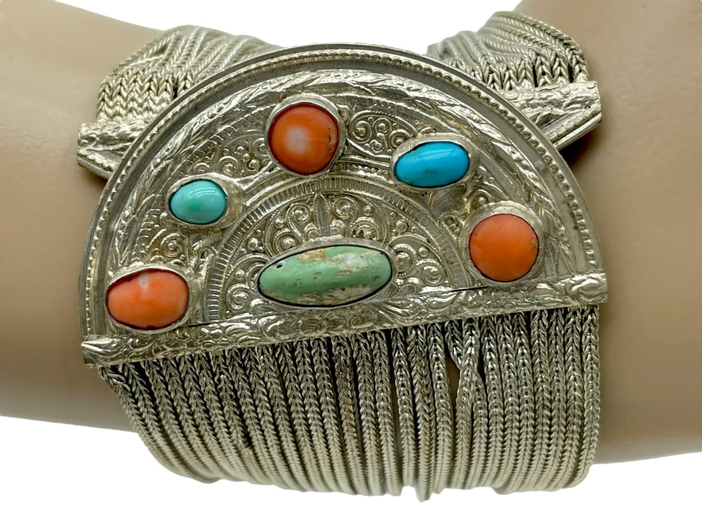 VTG LIQUID SILVER & GEMSTONE CUFF BRACELET 67g (1 of 5)