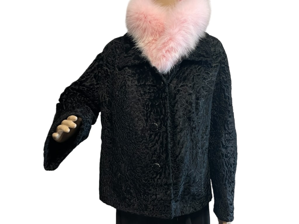 WOMENS BLACK LAMBS FUR COAT WITH CUSTOM FUR COLLAR (1 of 2)