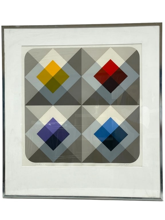 VINTAGE MARKO SPALATO OP ART SILKSCREEN PRINT 31": VINTAGE MARKO SPALATO OP ART SILKSCREEN PRINT-31" X 28" APPROX TO FRAME-PENCIL SIGNED AND NUMBERED 50 / 60-GOOD PRE OWNED CONDITION, MINOR WEAR, WEAR TO FRAME-DP101823 Bidders may pick up their items