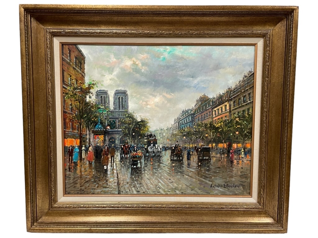 ANTOINE BLANCHARD PARIS STREET OIL PAINTING 39": ORIGINAL ANTOINE BLANCHARD COLORFUL FRENCH EXPRESSIONIST PARISIAN STREET SCENE OIL PAINTING-33.5" X 39" APPROX TO FRAME-VERY GOOD PRE OWNED CONDITION-DP101323 Bidders may pick up their items from the 
