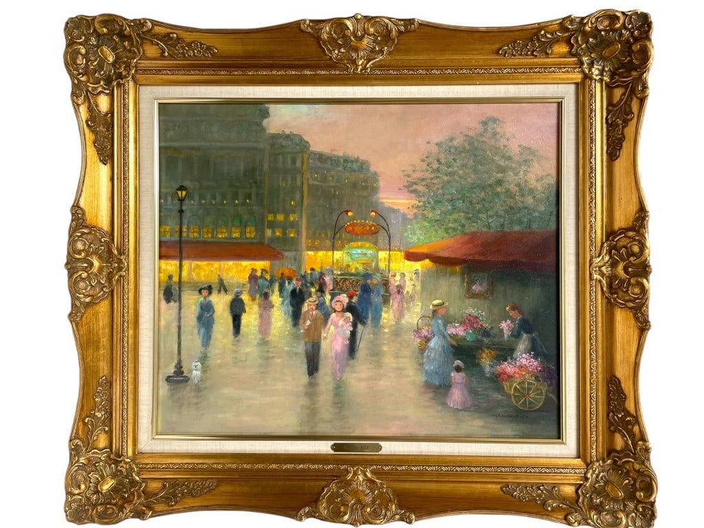 MARION RICE PARIS CITY W FIGURES OIL PAINTING 32": ORIGINAL MARION RICE PARIS CITYSCAPE SUNSET WITH FIGURES OIL PAINTING-28" X 32" APPROX TO FRAME-VERY GOOD PRE OWNED CONDITION-DP101323 Bidders may pick up their items from the auction-house or have th