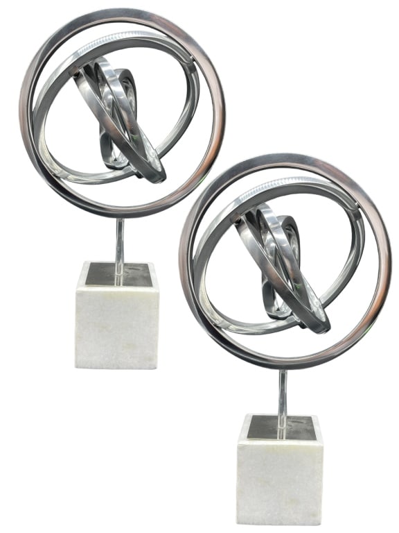 PAIR OF CLANBAY MIRANO SPIRAL SCULPTURES 18": PAIR OF CLANBAY MIRANO SPIRAL SCULPTURES WITH MARBLE BLOCK BASE-18" X 9" X 4" APPROX-GOOD PRE OWNED CONDITION ,MINOR WEAR TO BASE Bidders may pick up their items from the auction-house or have their i