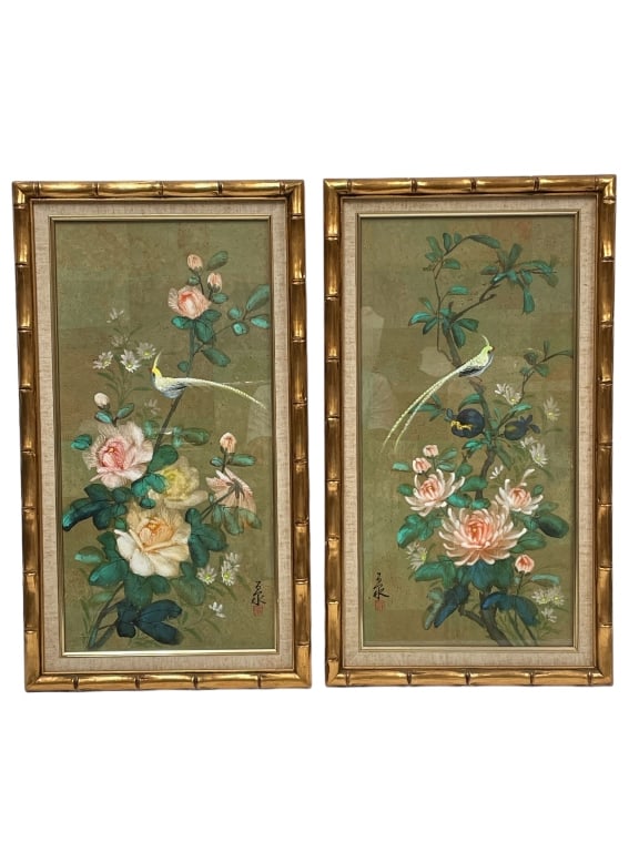 HAND PAINTED CHINESE PANELS BAMBOO FRAMED 27.5" PR (1 of 8)