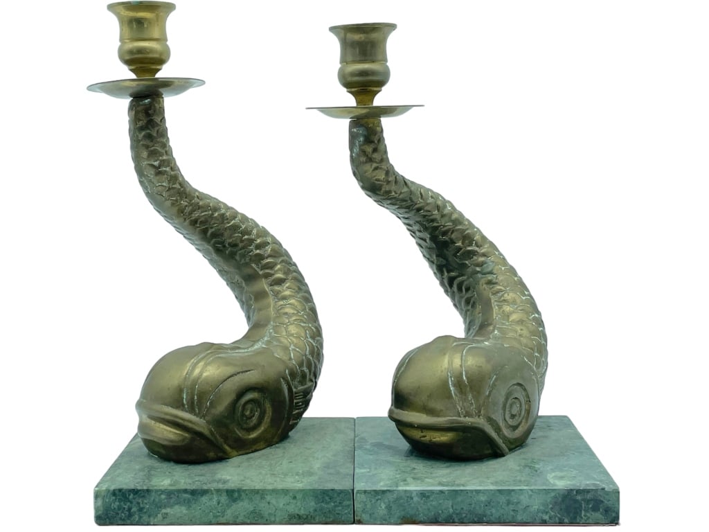 VTG BRASS & MARBLE KOI FISH CANDLE HOLDERS (2) (1 of 6)