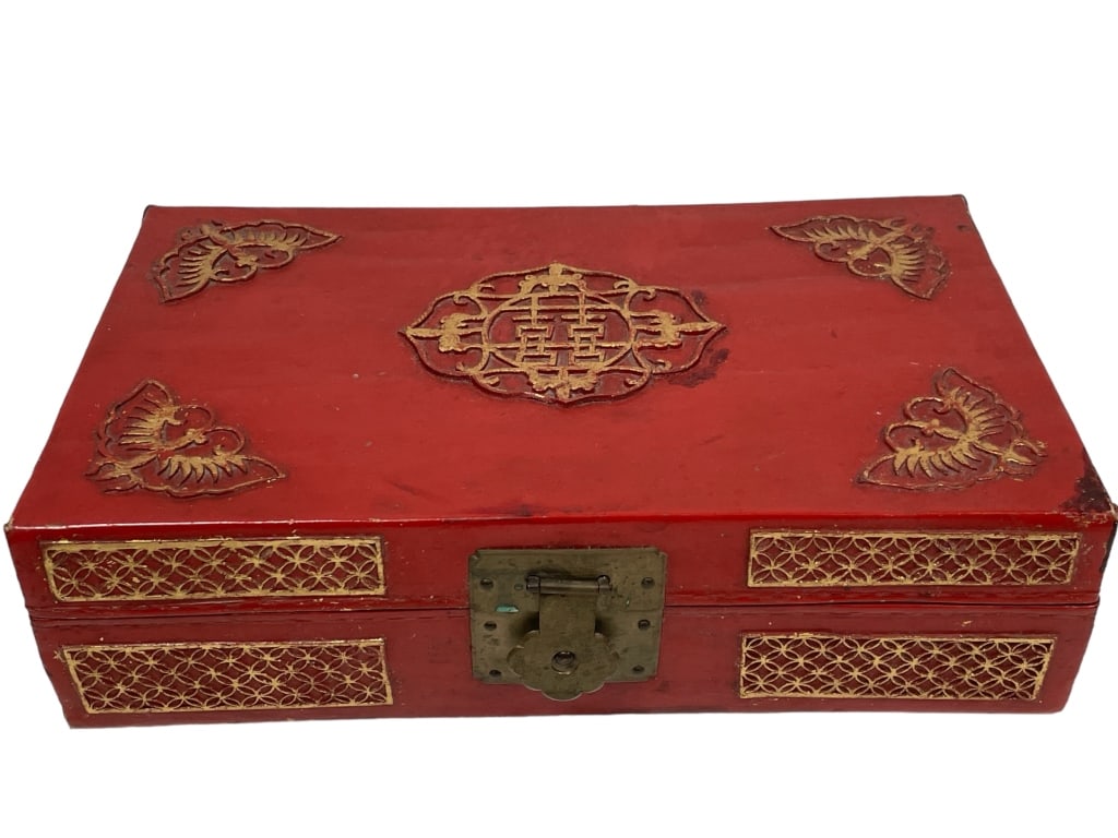 CHINESE RED LACQUER DOCUMENT BOX W BRASS LATCH 13" (1 of 5)
