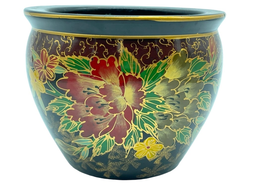 70'S CHINOISERIE BLACK & GOLD FISHBOWL PLANTER 8" (1 of 6)