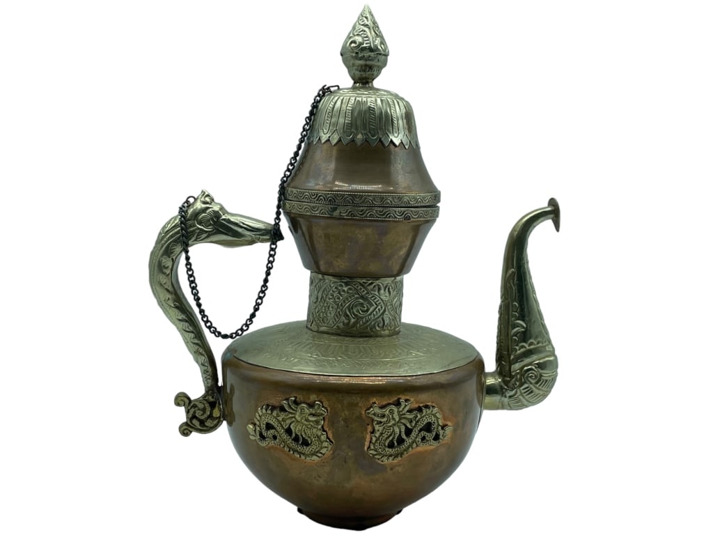TIBETAN DECORATIVE BRASS & COPPER TEA POT 11" (1 of 7)