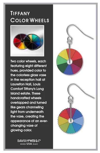 NEW! TIFFANY COLOR WHEEL EARRINGS: -TIFFANY COLOR WHEEL EARRINGS-SET OF (2) EARRINGS-Finish: Solid brass, electro-plated with non-tarnishing silver finish, acrylic strip, giclee print,ear wires are hypo-allergenic-Dimensions: Hangs app