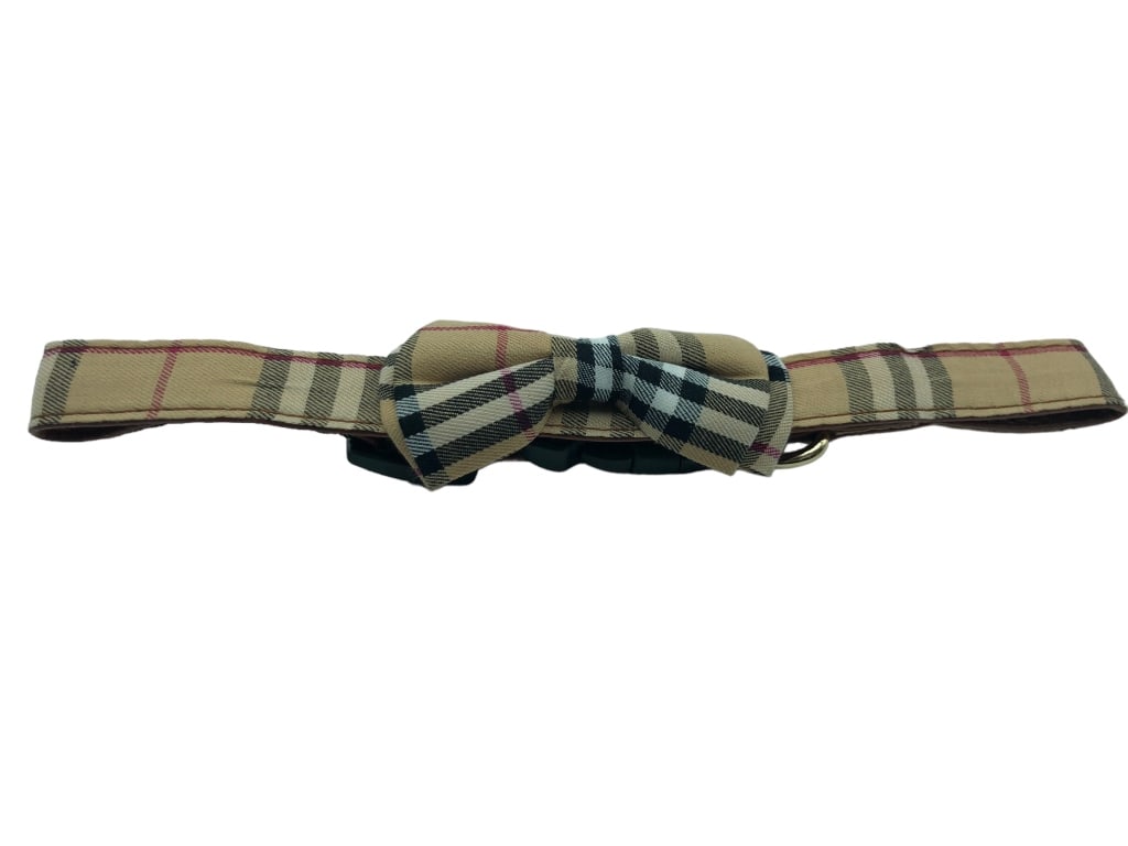 NEW BEIGE PLAID DOG COLLAR BOW TIE SZ M (1 of 1)