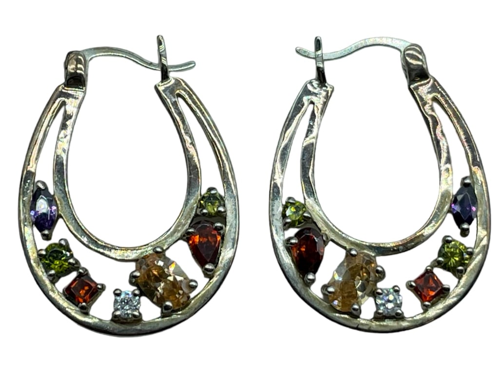 STERLING MULTI COLORED GEMSTONE HORSESHOE EARRINGS: -STERLING SILVER & MULTI COLORED GEMSTONE HORSESHOE EARRINGS-GOOD CONDITION-JR SR 10/26 Bidders may pick up their items from the auction-house or have their items shipped. Appointments are required fo
