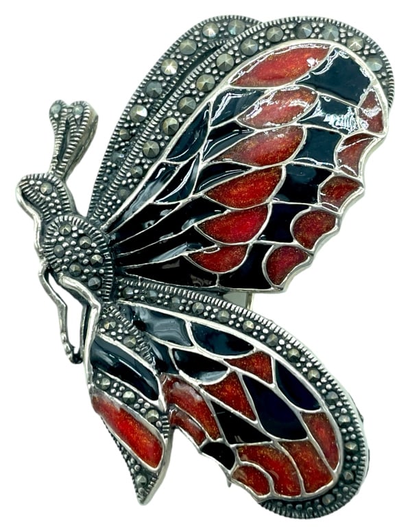 VTG 925 MARCASITE ENAMEL BUTTERFLY BROOCH 16g (1 of 4)