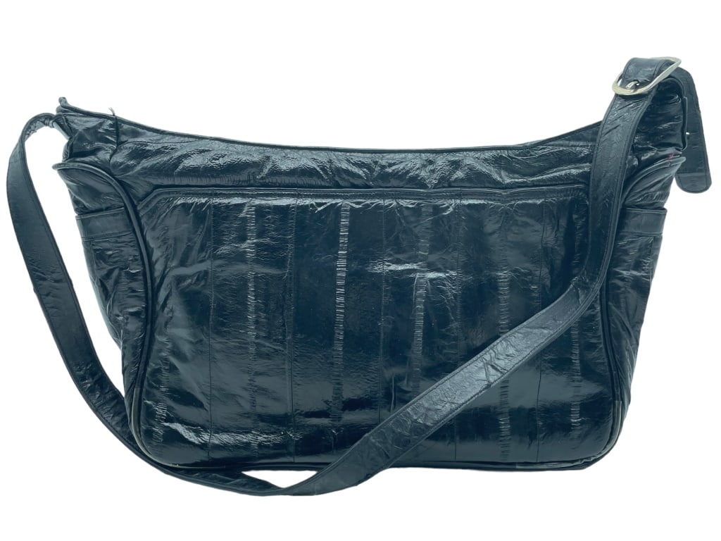 EEL SKIN BLACK LEATHER HANDBAG 11" (1 of 6)