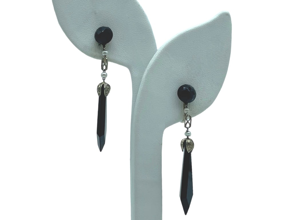 VTG 14K GOLD & BLACK ONYX DANGLE DROP EARRINGS 4g (1 of 2)