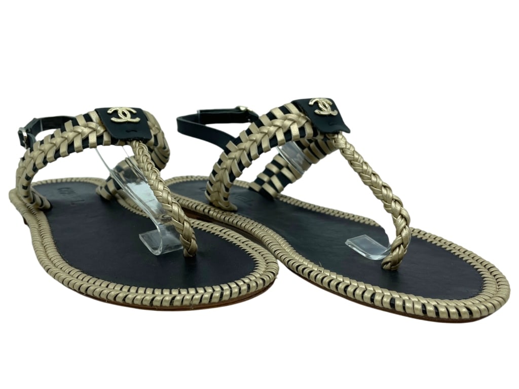 NEW CHANEL SLING BACK LEATHER SANDALS SZ: 7.5 (1 of 9)