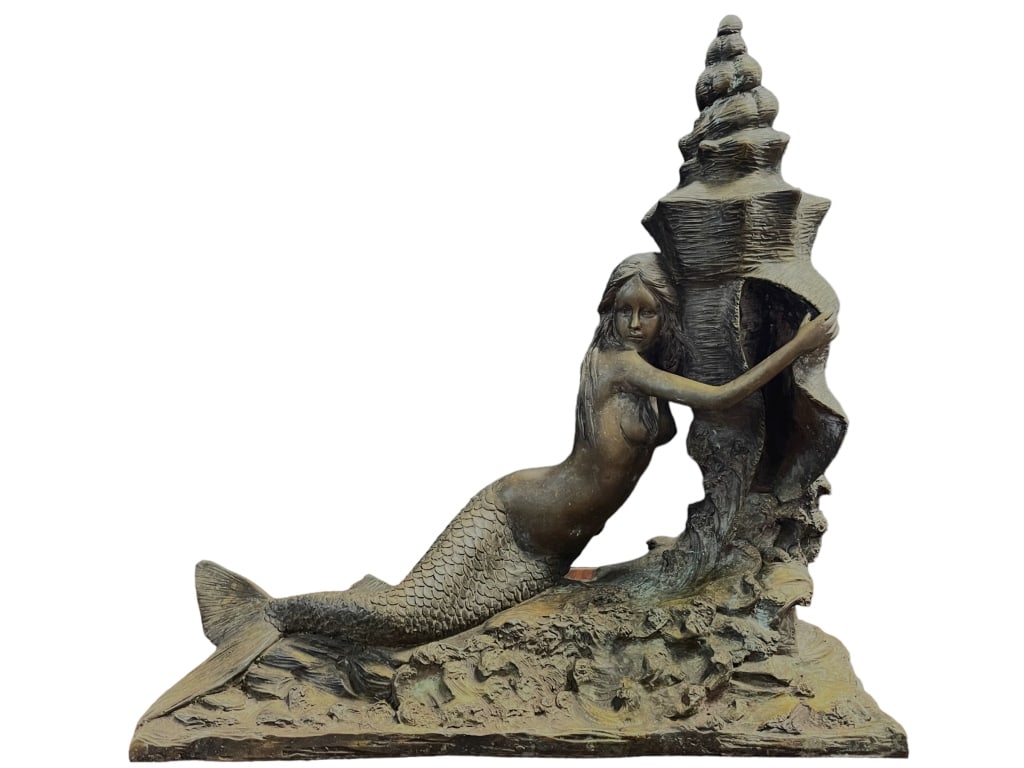 BRONZE MERMAID SITTING ON ROCK SCULPTURE 19" (1 of 6)