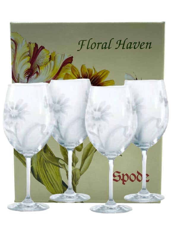 NEW IN BOX SPODE FLORAL HAVEN WINE GLASSES (4): NEW IN BOX SPODE FLORAL HAVEN WINE GLASSES (4) FLOWERS BUTTERFLIES AND BEES CLEAR ETCHED GLASS-2 OF 2 SETS-MADE IN GERMANY -NEW UNUSED CONDITION, IN BOX-DP10623 Bidders may pick up their items from th