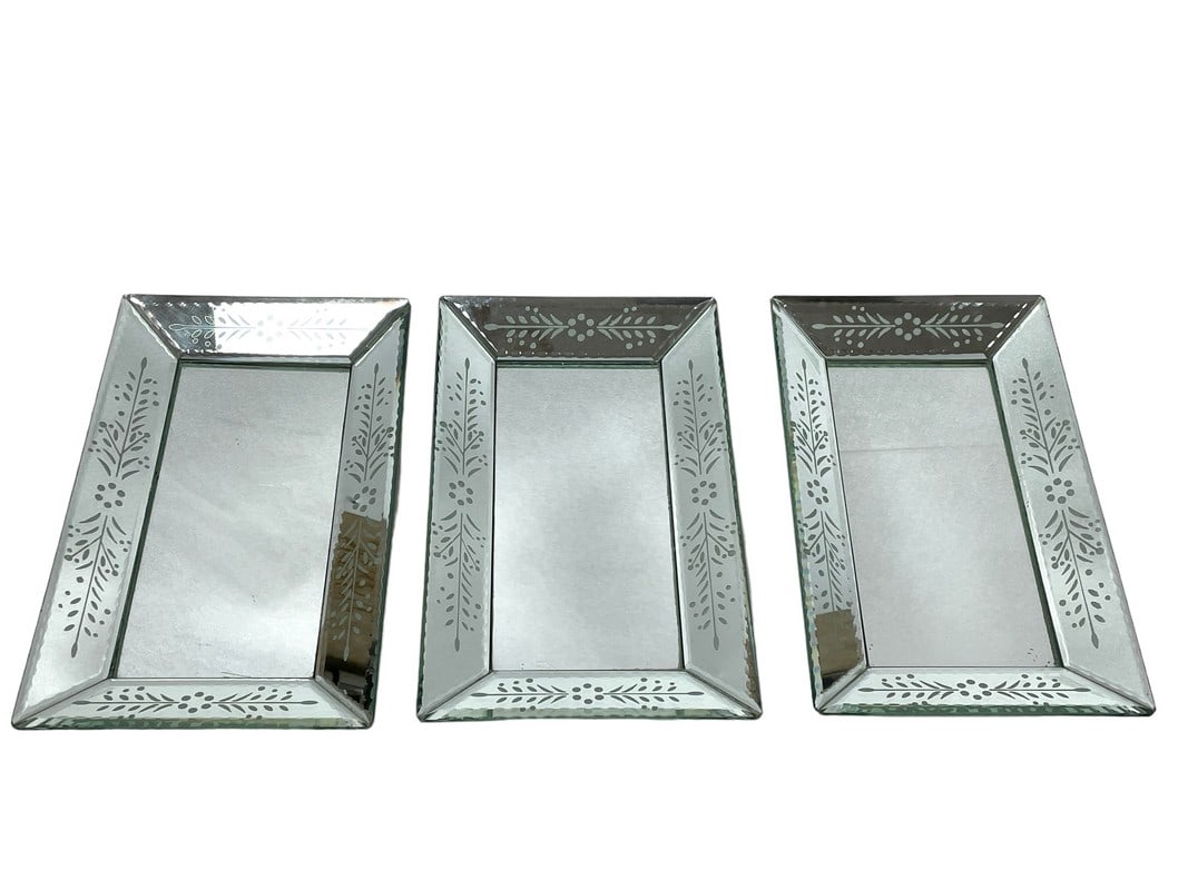 (3) TWO'S COMPANY MIRRORED TRINKET TRAYS 11": NEW ! SET OF 3 TWO'S COMPANY ORNATE DECO STYLE BEVELED MIRRORED TRINKET TRAYS-11" X 6" APPROX EACH-NEW UNUSED CONDITION-DP11223WINDOW