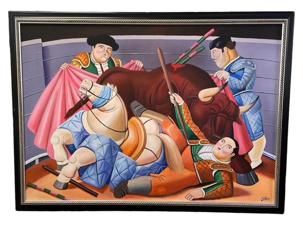 LARGE AFTER FERNANDO BOTERO PAINTING 65": LARGE AFTER FERNANDO BOTERO PAINTING-48" X 65" APPROX-VERY GOOD PRE OWNED CONDITION-DP92623 Bidders may pick up their items from the auction-house or have their items shipped.Appointments are required