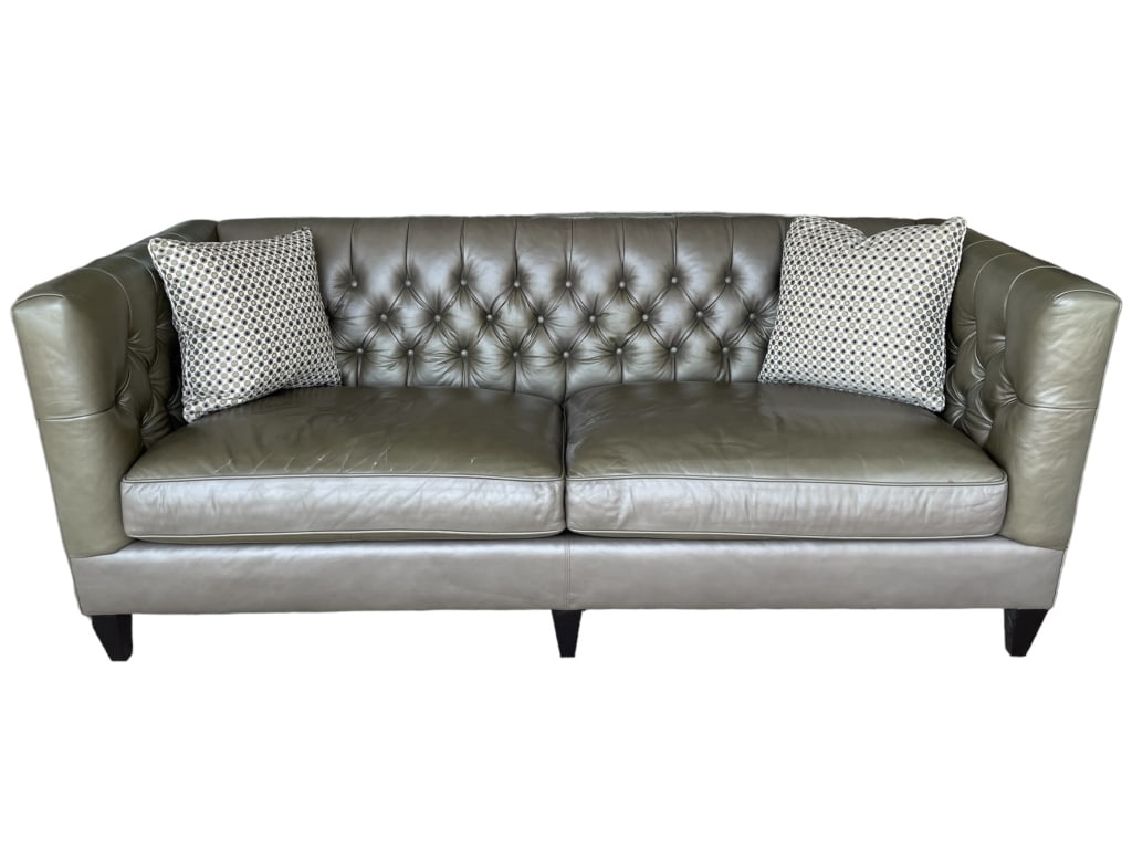 CHESTERFIELD STYLE GUNMETAL GREY LEATHER SOFA 83" (1 of 7)