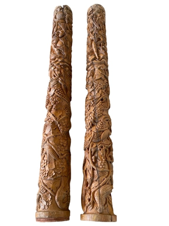 BALINESE STYLE CARVED WOOD PILASTER COLUMNS 96": PAIR OF BALINESE STYLE CARVED WOOD PILASTER COLUMNS-96" L X 9" DIAMETER-PRE OWNED CONDITION, MINOR NATURAL SPLITTING -DP102423ANX Bidders may pick up their items from the auction-house or have their i