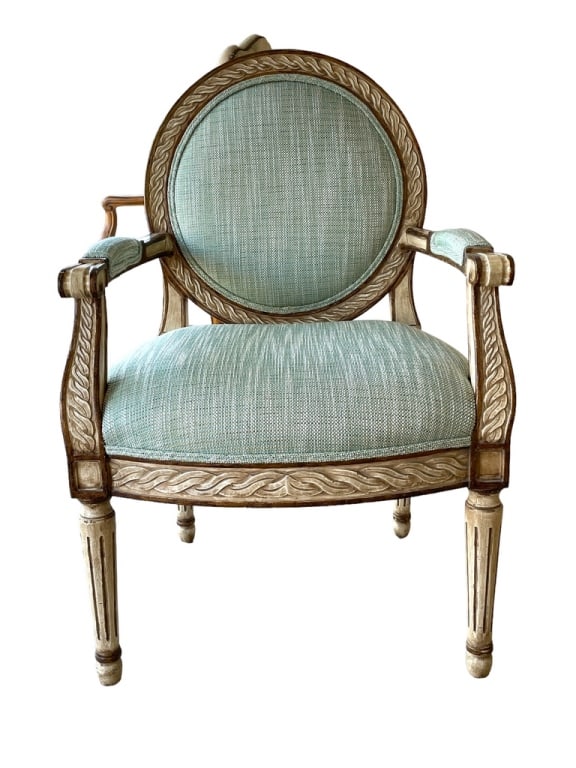 LOUIS XVI GILTWOOD STYLE OCCASIONAL ARMCHAIR: LOUIS XVI GILTWOOD STYLE OCCASIONAL ARMCHAIR-18" X 48" X 24" APPROX-VERY GOOD PRE OWNED CONDITION, MINOR WEAR DP-102323STORE Bidders may pick up their items from the auction-house or have their items 