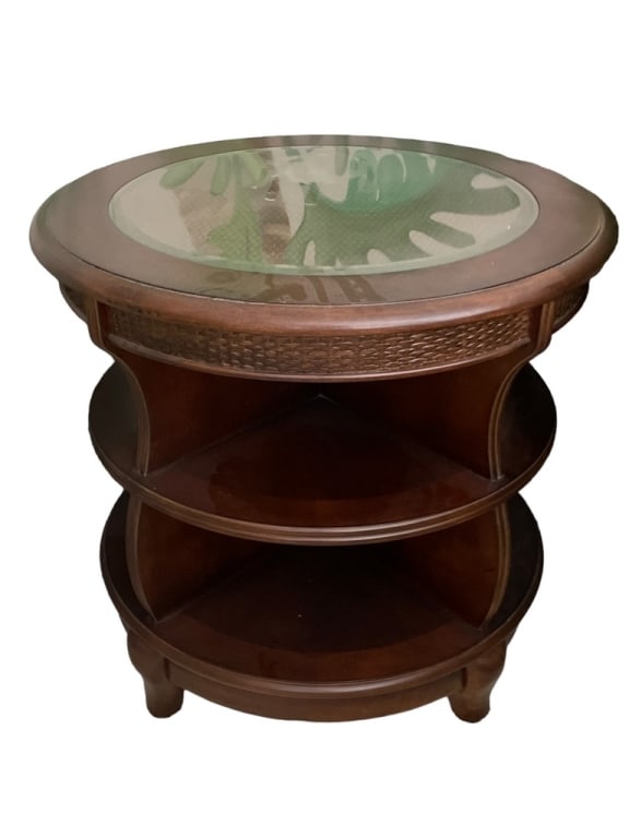 VTG 3 TIER CANE TOP SIDE TABLE WITH GLASS TOP 28" (1 of 6)