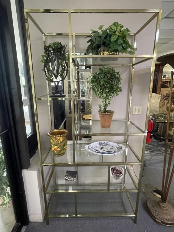 LARGE MID CENTURY BRASS & GLASS ETAGERE SHELF 82" (1 of 15)