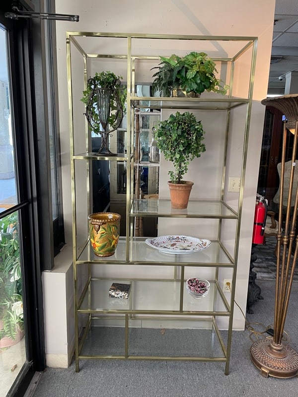 LARGE MID CENTURY BRASS & GLASS ETAGERE SHELF 82" (1 of 15)