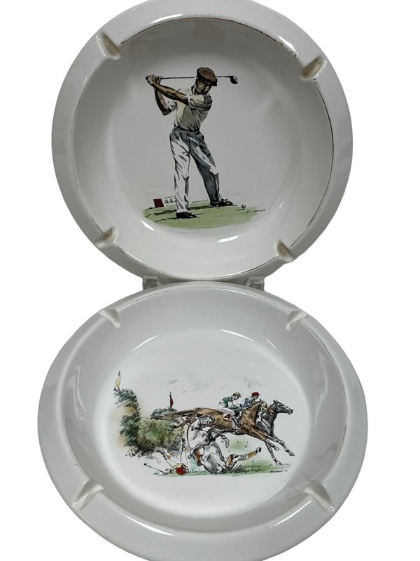 PAIR OF VINTAGE BROOKS BROTHERS ASHTRAYS: PAIR OF VINTAGE BROOKS BROTHERS GOLF / POLO ASHTRAYS | VINTAGE CIGAR AFICIANADO HOME BAR DECOR-7.5" DIAMETER-GOOD PRE OWNED CONDITION, MINOR WEAR-DP11923