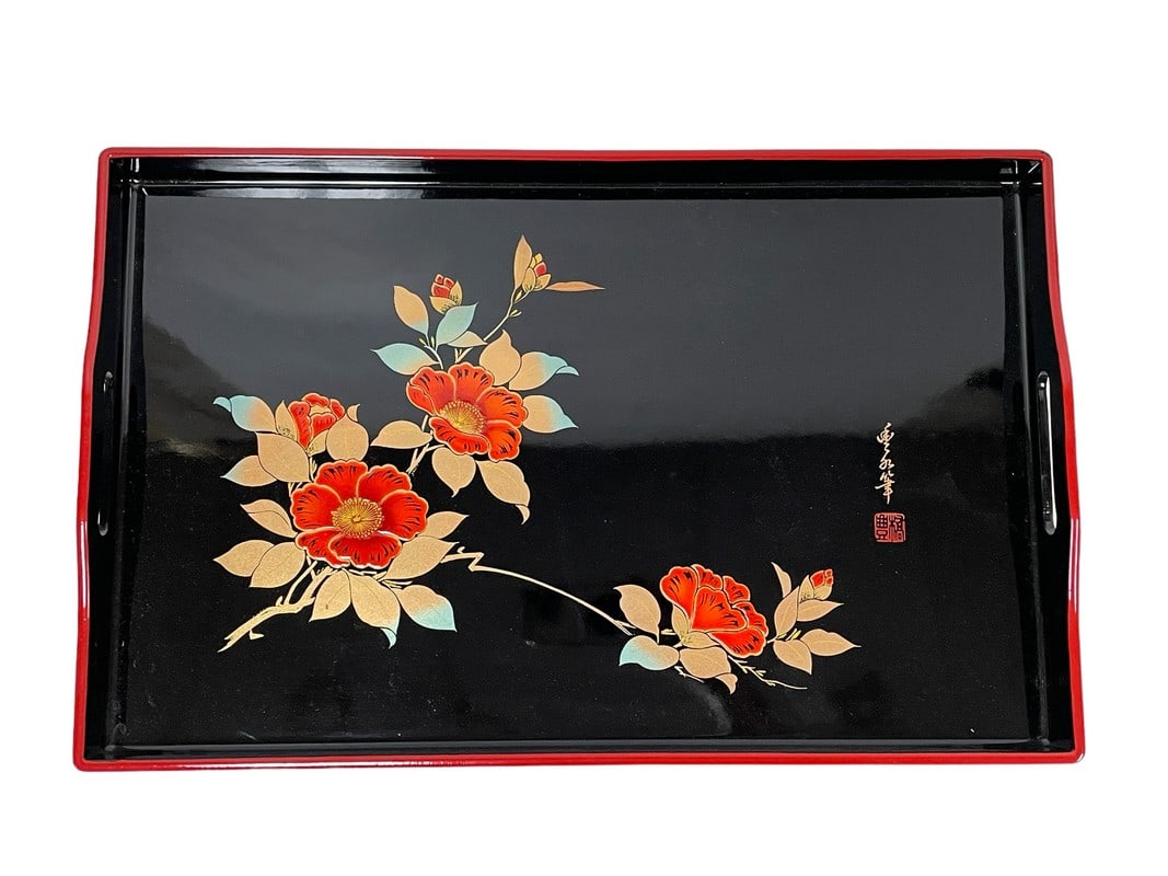 VINTAGE JAPANESE LACQUERED WOOD TRAY W BOX 19" (1 of 8)
