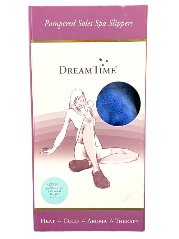 NEW! DREAMTIME PAMPERED SOLES SPA SLIPPERS SZ M-L: NEW! DREAMTIME PAMPERED SOLES SPA SLIPPERS SIZE M-L (8.5)-HEAT THERAPY, COOL THERAPY AROMATHERAPY-PEPPERMINT LAVENDER-NEW IN BOX ,NWT