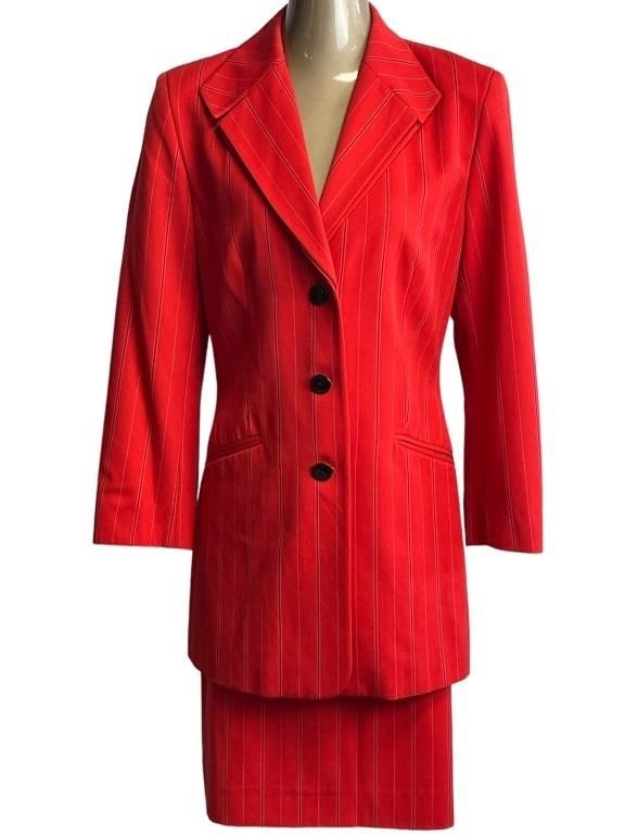 VTG ESCADA RED PIN STRIPED SKIRT SET SIZE 40: -VTG ESCADA RED PIN STRIPED SKIRT SET-GOOD VINTAGE CONDITION-SIZE 40