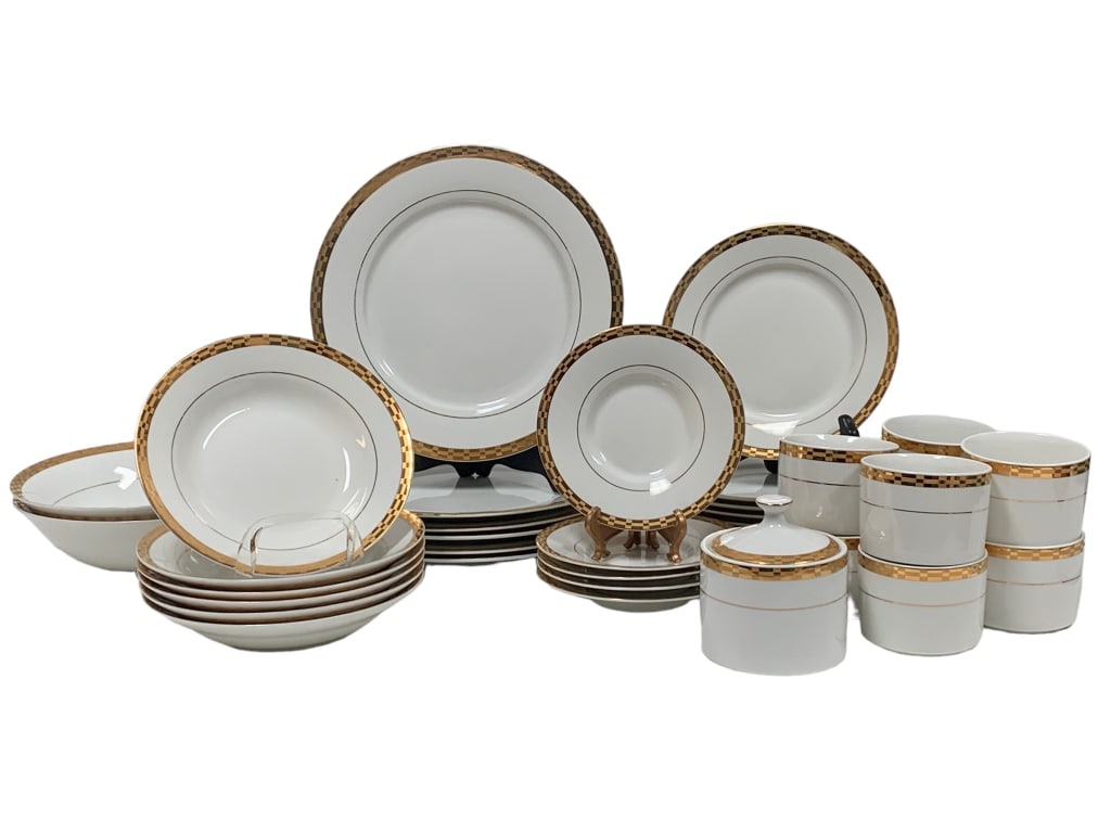 SANGO CAROLINE WHITE CHINA WITH GOLD CHEKER MOTIF (1 of 5)