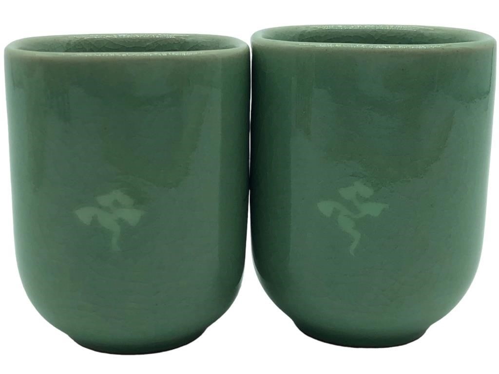 PAIR OF GREEN CRACKLE KOREAN CELADON TEA CUPS (2): PAIR OF GREEN CRACKLE KOREAN CELADON TEA CUPS-2 PIECE-VERY GOOD CONDITION-SIZE:3.5" X 2.5"-JR GLRY 11/09
