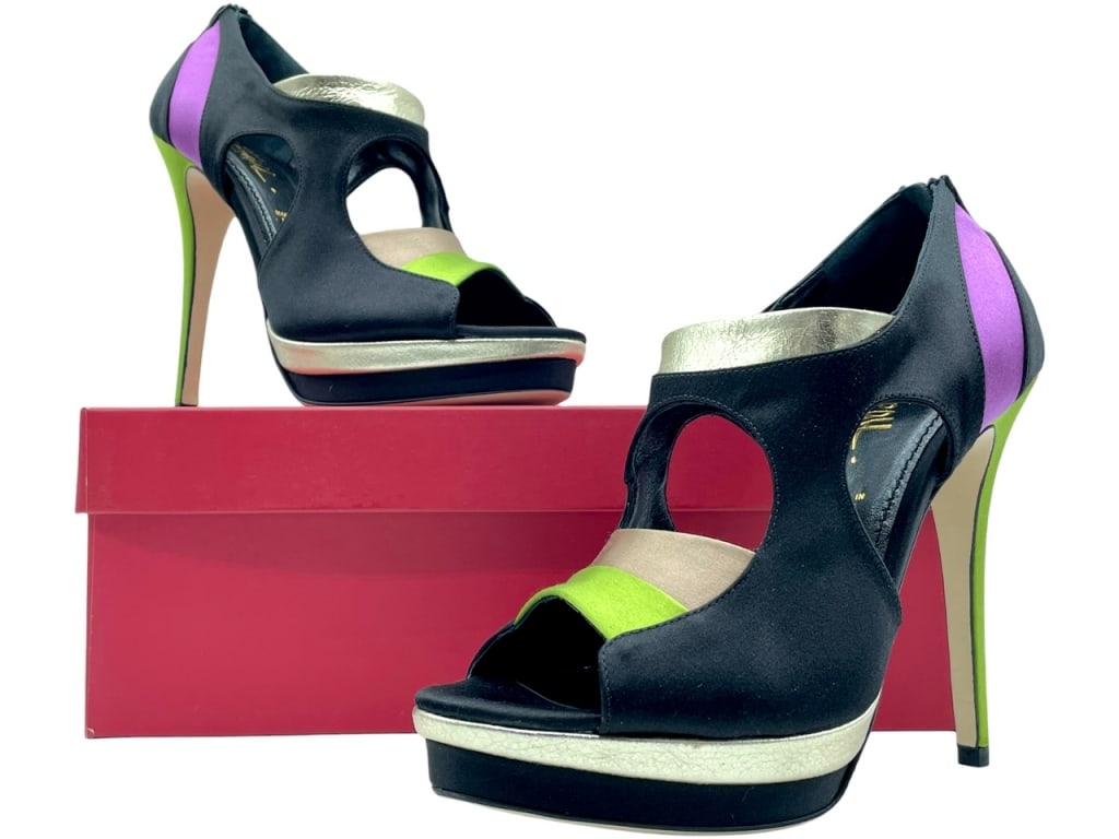 NEW JEROME C. ROUSSEAU SUEDE & SILK HEELS $795: -NEW JEROME C. ROUSSEAU BLACK SUEDE LEATHER & SILK MULTICOLOR OPEN TOE HIGH HEELS-BRAND NEW IN BOX WITH DUST BAG-RETAIL $795-SIZE: 39-BTQ 10/11