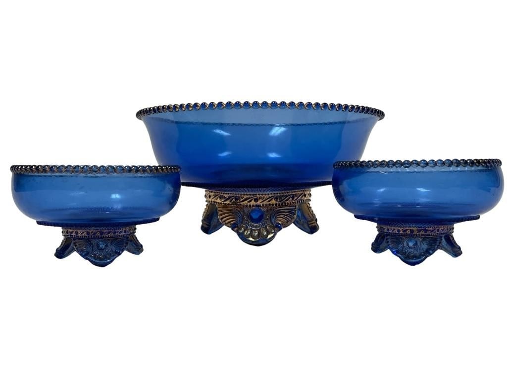 LARGE COBALT FRUIT BOWL & 2 DESERT FRUIT DISHES (1 of 7)