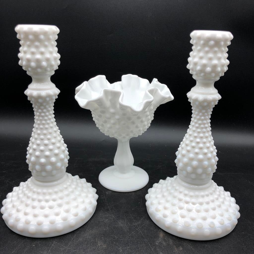VTG LOT OF HOBKNOB MILK GLASS: WHITE GLASS CANDELABRAS & MATCHING BOWL / VASE THESE ARE CLASSICS & SO HOMEY...