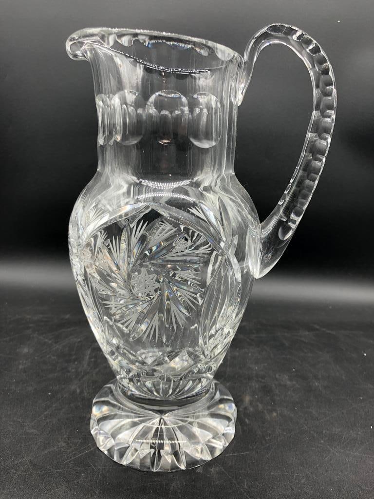 CUT GLASS HANDELED 11" VASE: CUT GLASS HANDELED 11" VASE COVENIENT SIZE