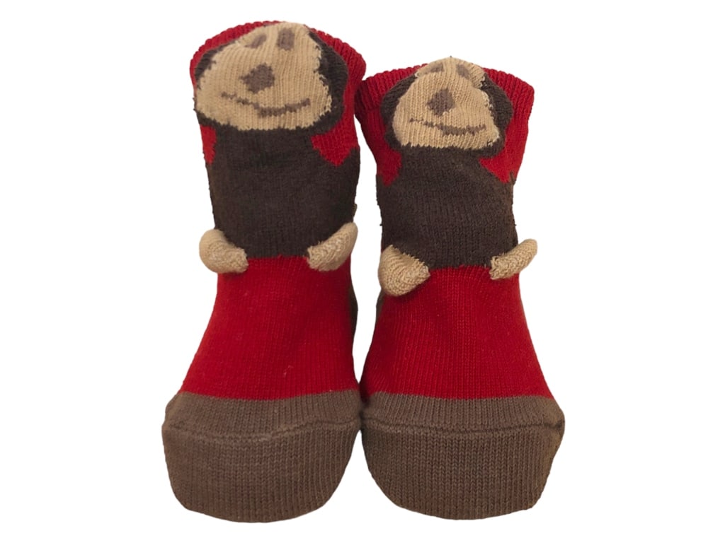 NEW ZOONI CONFEETI 3D MONKEY BABY SOCKS: - NEW ZOONI CONFEETI 3D MONKEY BABY SOCKS - FOR 0-12 MONTHS OF AGE- COMFORTABLE COTTON WITH SPANDEX- COLOR: BROWN/RED COTTON WITH BROWN MONKEY- GF 11/22/23