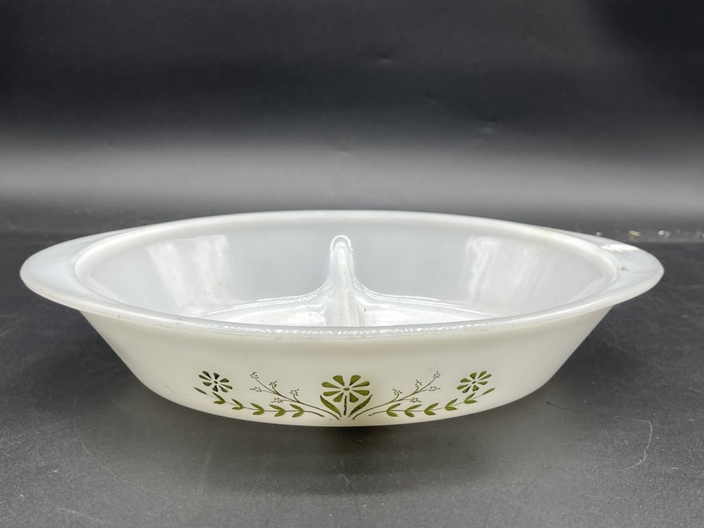 GLASBAKE MILK GLASS GREEN DAISY DIVIDED CASSEROLE: GLASBAKE MILK GLASS GREEN DAISY DIVIDED CASSEROLE