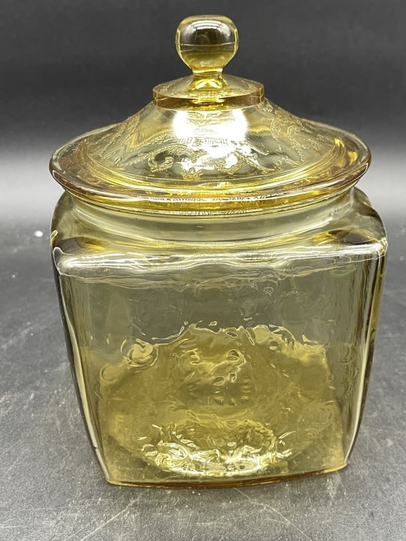 VTG AMBER DEPRESSION GLASS BISCUIT OR COOKIE JAR: VTG AMBER DEPRESSION GLASS BISCUIT OR COOKIE JAR