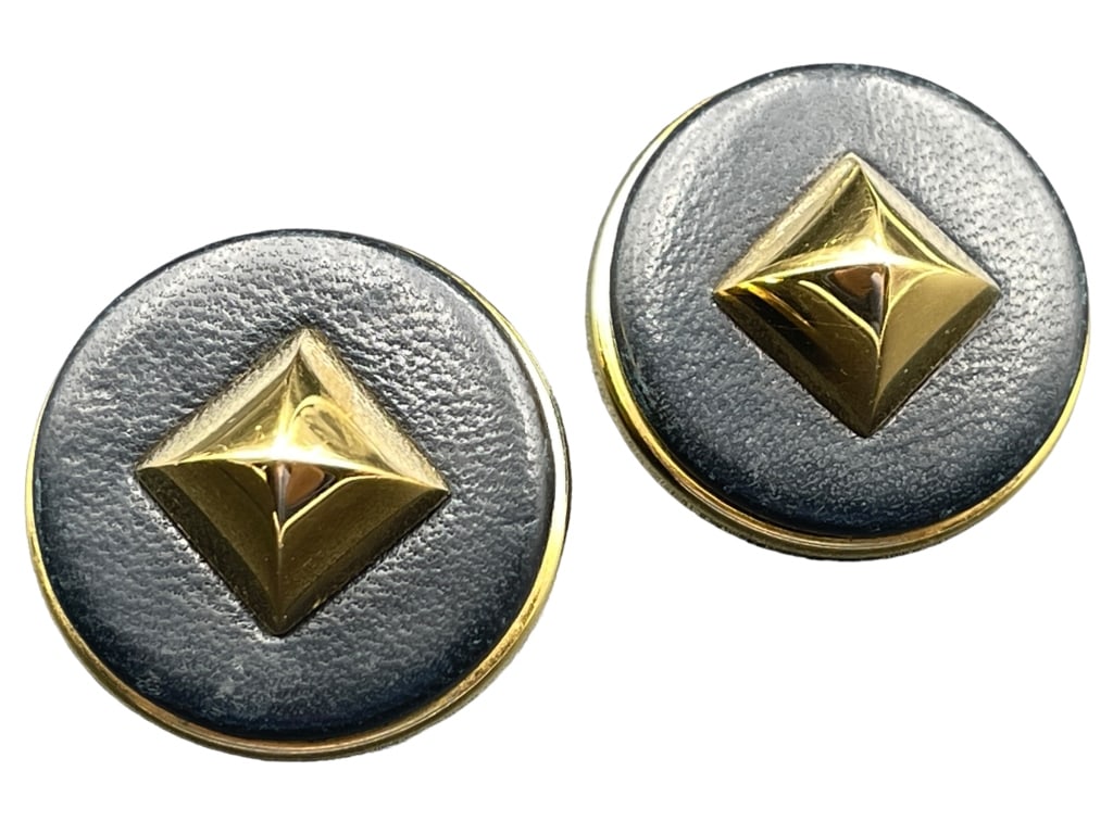 HERMES GOLD AND LEATHER MEDOR CLIP EARRINGS (1 of 4)