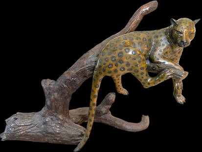 LARGE LEOPARD RESTING BRONZE STATUE 54": LARGE LEOPARD RESTING ON BRANCH BRONZE STATUE | LEOPARD JAGUAR CHEETAH STYLE STATUES -41" H X 54" L X 24" D APPROX-VERY GOOD PRE OWNED CONDITION-DP92023This item will not be available for pickup until