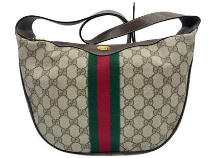 GUCCI VTG WEB ACCESSORY SHOULDER HANDBAG: GUCCI VINTAGE WEB ACCESSORY HANDBAG-SHOULDER BAG- ZIP-BROWN/GREEN COATED CANVAS-AH-3- AAT2663-SIZE: 12" X 8"